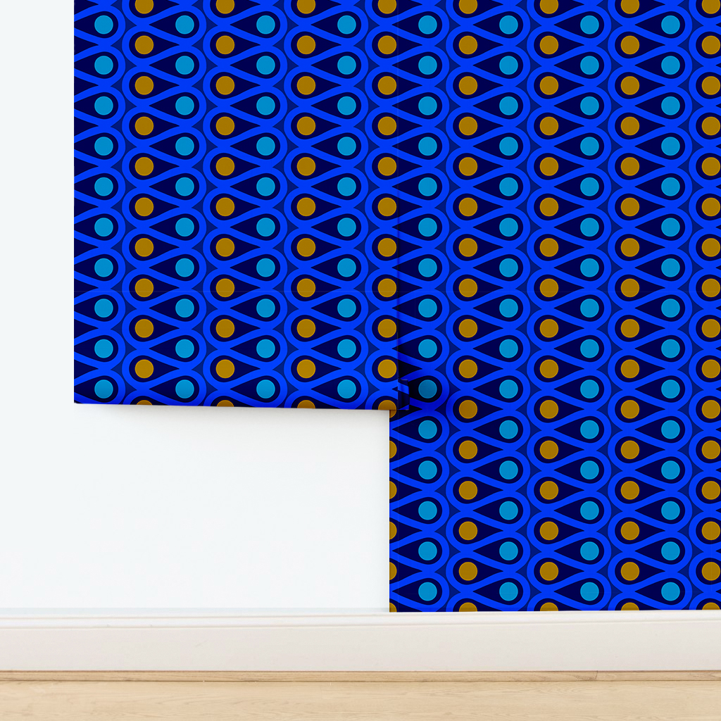 The artwork features a repetitive geometric pattern with curved, teal shapes creating loops that flow in symmetrical vertical columns. Inside the loops, there are solid circular shapes alternating between green and blue, with green circles in the left column and blue circles in the right column. The white background accentuates the vivid colors and clean lines of the design. The overall composition is balanced with a modern, vibrant aesthetic.